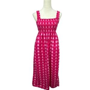 Zara Sundress Smocked Pink‎ Polka Dot Sleeveless Midi Dress XS Beachy Vacation
